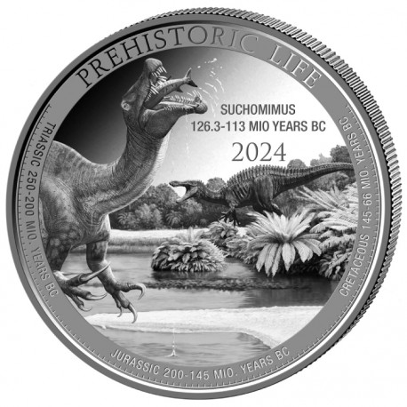 . 1 aaaacoin @2/OCTUBRE Envïo@ CONGO 20 FRANCOS 2024 SUCHOMINUS DINOSAURIO 2ª Serie Prehistoric Life 2ª MONEDA DE PLATA ONZA OZ