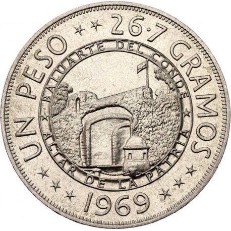 REPUBLICA DOMINICANA 1 PESO 1969 MURALLA - 125 ANIVERSARIO DE LA REPÚBLICA KM.81 MONEDA DE NICKEL SC- Imperfecciones