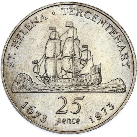 SANTA HELENA 25 PENIQUES 1973 BARCO y REINA ISABEL II TERCENTENARY 1673 KM.5 MONEDA DE NICKEL EBC