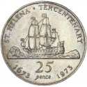 SANTA HELENA 25 PENIQUES 1973 BARCO y REINA ISABEL II TERCENTENARY 1673 KM.5 MONEDA DE NICKEL EBC