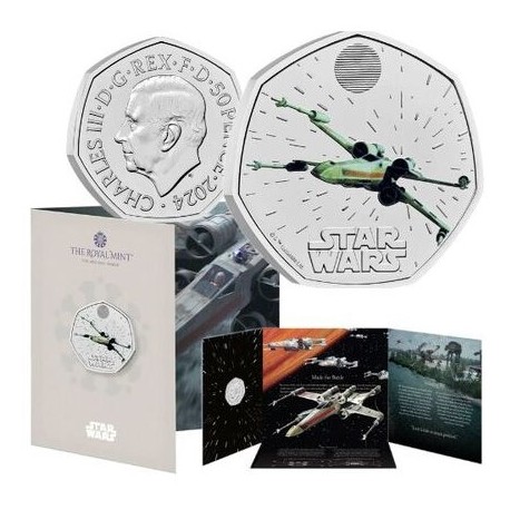 . 1 aaaacoin @02/OCT Envío - COLORES@ INGLATERRA 50 PENIQUES 2024 X-WING II Serie STAR WARS 4ª MONEDA DE NICKEL ESTUCHE