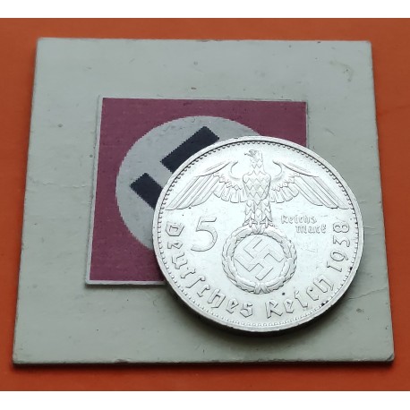 ALEMANIA 5 MARCOS ESVASTICA NAZI 1938 G PLATA III REICH @RARA@