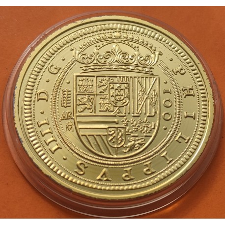 @OFERTA@ MEDALLA FNMT 1 ONZA 2002 ESPAÑA 100 ESCUDOS 1623 REY FELIPE IIII PLATA BAÑO DE ORO serie HOMENAJE A LA PESETA cápsula