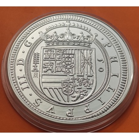 . 5 ONZAS de PLATA PURA x MEDALLA FNMT 2002 ESPAÑA 50 ESCUDOS 1618 REY FELIPE III 155 gramos HOMENAJE A LA PESETA cápsula