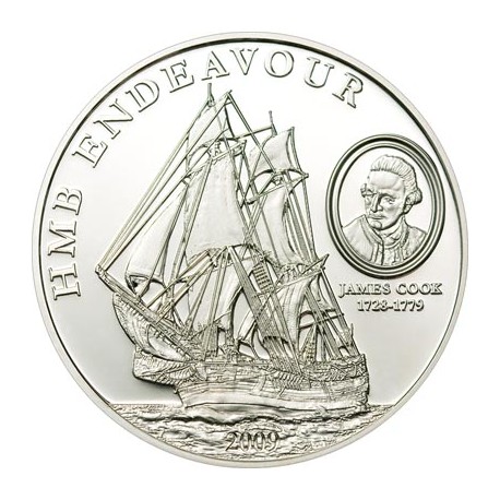 ISLAS COOK 5 DOLARES 2009 BARCO ENDEAVOUR CAPITÁN JAMES COOK KM.672 MONEDA DE PLATA PROOF cápsula