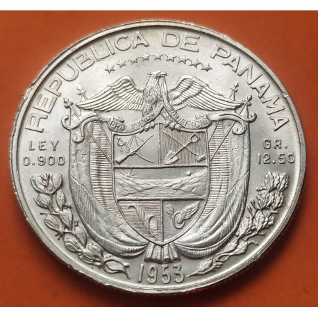 .PANAMA 1/2 MEDIO BALBOA 1953 CINCUENTENARIO PLATA SC SILVER