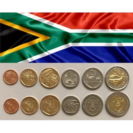 . @NUEVO DISEÑO - 16/OCT Envío@ 6 monedas x SUDAFRICA 10+20+50 Cent y 1+2+5 RAND 2024 VARIOS METALES SC South Africa