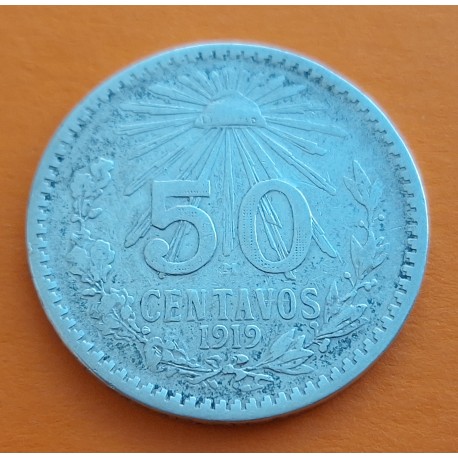 MEXICO 50 CENTAVOS 1919 AGUILA 1º AÑO DE FABRICACIÓN KM.447 MONEDA DE PLATA MUY CIRCULADA R/2