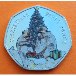 . Tirada 2.000 + COLORES x GIBRALTAR 50 PENIQUES 2021 MONOS ABRIENDO REGALOS KM.1816.1 MONEDA DE NICKEL SC Pence CHRISTMAS