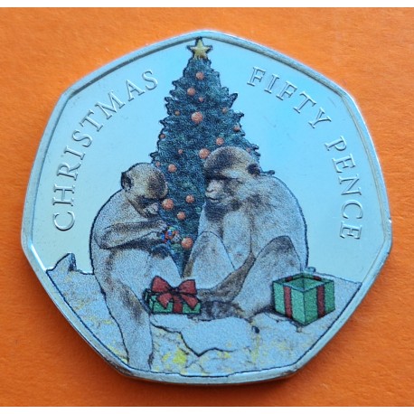 . Tirada 2.000 + COLORES x GIBRALTAR 50 PENIQUES 2021 MONOS ABRIENDO REGALOS KM.1816.1 MONEDA DE NICKEL SC Pence CHRISTMAS