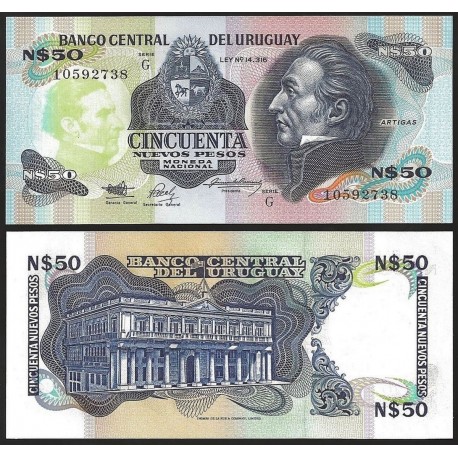 . URUGUAY 50 PESOS 1988 1989 ARTIGAS Pick 61A SC BILLETE $50