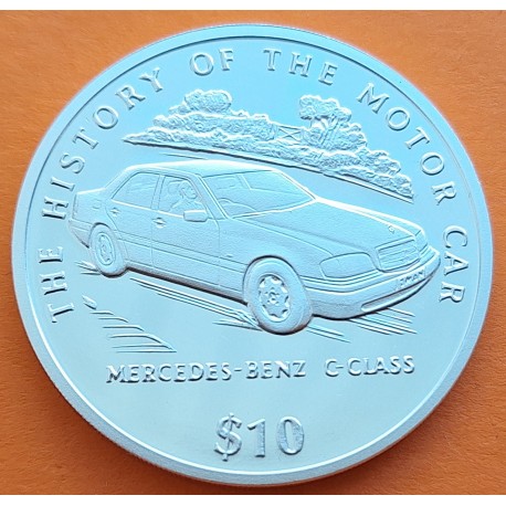 LIBERIA 10 DOLARES 1994 COCHE MERCEDES-BENZ C-CLASS HISTORIA DEL MOTOR KM.347 MONEDA DE PLATA PROOF 1 ONZA