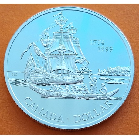 CANADA 1 DOLAR 1999 BARCO LE SANTIAGO CHARLOTTE ISLANDS EXPEDICIÓN JUAN PEREZ KM.356 MONEDA DE PLATA PROOF