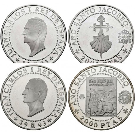 2 monedas + CÁPSULA x ESPAÑA 2000 PESETAS 1993 AÑO SANTO JACOBEO PEREGRINOS ALEMANES + CONCHA y VENERA PLATA NO ESTUCHE Xacobeo