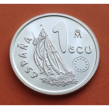 . 1 Moneda + CÁPSULA x ESPAÑA 1 ECU 1995 LA MARINA ESPAÑOLA BARCO y TIMON MONEDA DE PLATA NO ESTUCHE FNMT 1/5 ONZA