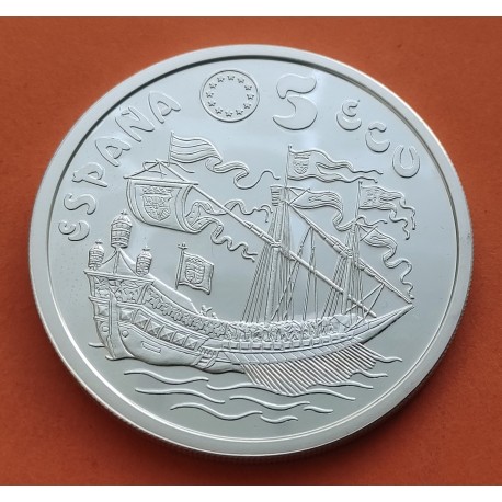 1 ONZA x ESPAÑA 5 ECU 1995 LA MARINA ESPAÑOLA GALEON y BARCO ANTIGUO MONEDA DE PLATA PROOF NO ESTUCHE FNMT 5 Ecus 1995