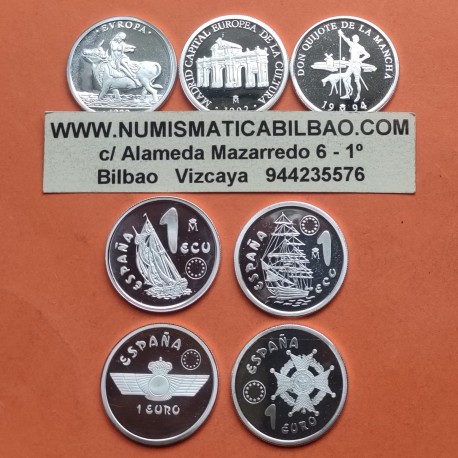 . 7 Monedas + CÁPSULAS x ESPAÑA1 ECU 1989+1992+1994+1995+1996 + 1 EURO 1997+1998 PLATA FNMT NO ESTUCHE