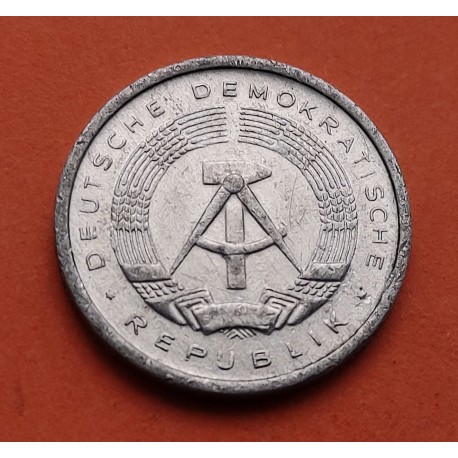 ALEMANIA DEMOCRATICA 1 PFENNIG 1985 A ESCUDO KM.5 MONEDA DE ALUMINIO EBC/SC Germany DDR RDA