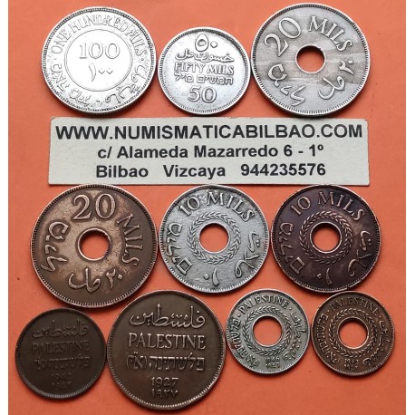 .. @RARAS@ PALESTINA Serie completa de 8 Monedas 1 + 2 + 5 + 10 + 20 + 50 + 100 MILS 1927 a 1946 PLATA - COBRE - NICKEL