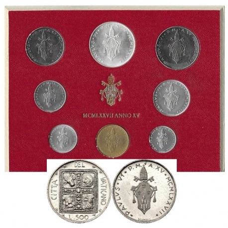 8 monedas x VATICANO CARTERA OFICIAL 1977 PAULUS VI SC 1+2+5+10+20+50+100 LIRAS + 500 LIRAS 1977 PLATA PAPA PABLO VI