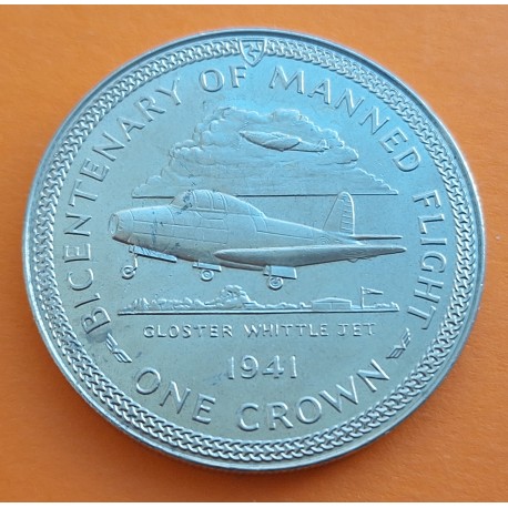 ISLA DE MAN 1 CORONA 1983 GOSTLER WHITTLE JET Avión MANNED FLIGHT KM.105 MONEDA DE NICKEL EBC Isle of Crown