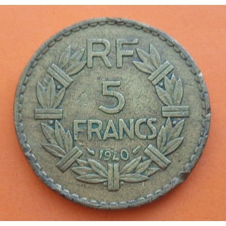 FRANCIA 5 FRANCOS 1940 DAMA Tipo LAVRILLIER KM.888.A.1 MONEDA DE LATON MBC+ France PRE OCUPACION NAZI WWII