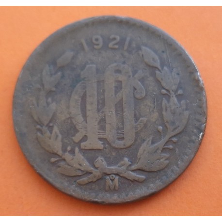 @RARA@ MEXICO 10 CENTAVOS 1921 AGUILA y SERPIENTE modulo Grande KM.430 MONEDA DE COBRE MBC+ República Mexicana