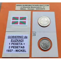 GOBIERNO DE EUZKADI 1 PESETA 1937 + 2 PESETAS 1937 DAMA MONEDAS DE NICKEL GUERRA CIVIL EUSKADI BILBAO R/3 EBC Imperfecciones