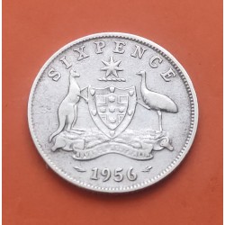 AUSTRALIA 6 PENIQUES 1956 REINA ISABEL II y VALOR KM.58 MONEDA DE PLATA MBC- 6 Pence silver