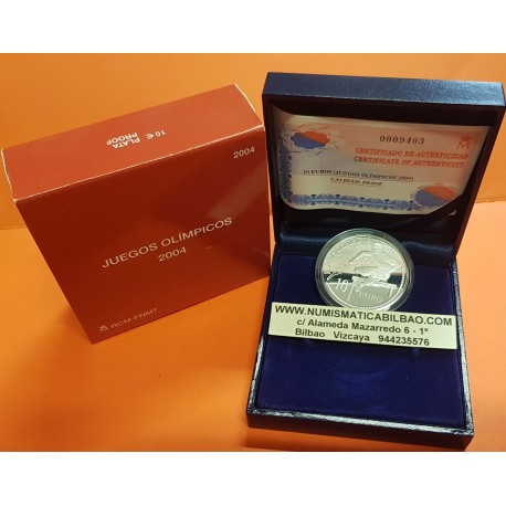 ESPAÑA 10 EUROS 2004 JUEGOS OLIMPICOS EN ATENAS SALTADOR DE VALLAS MONEDA DE PLATA PROOF ESTUCHE y CERTIFICADO FNMT