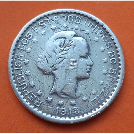 BRASIL 500 REIS 1913 BUSTO DE DAMA ALEGORICA KM.512 MONEDA DE PLATA @RAYAS@ Brazil silver coin