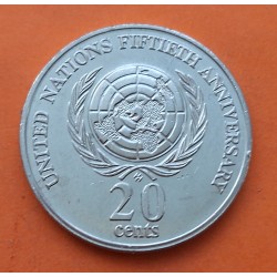 AUSTRALIA 20 CENTAVOS 1995 ONU 50 ANIVERSARIO y LOGO KM.295 MONEDA DE NICKEL EBC 20 Cents