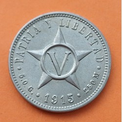 @MUY RARA ASÍ@ CUBA 5 CENTAVOS 1915 ESTRELLA PATRIA y LIBERTAD MONEDA DE NICKEL EBC/SC- Caribe