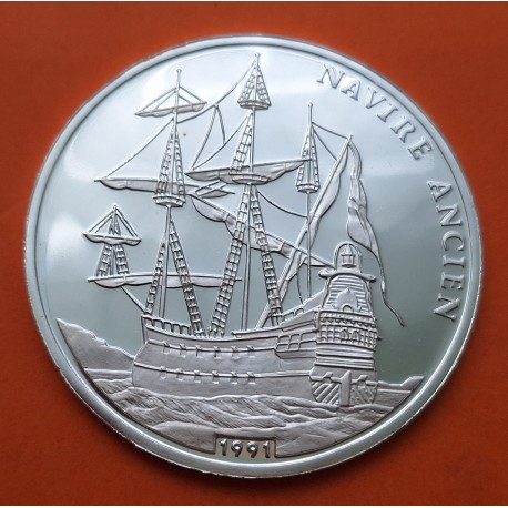 CONGO 500 FRANCOS 1991 BARCO NAVIRE ANCIEN GALEON ESPAÑOL KM.5 MONEDA PLATA PROOF cápsula