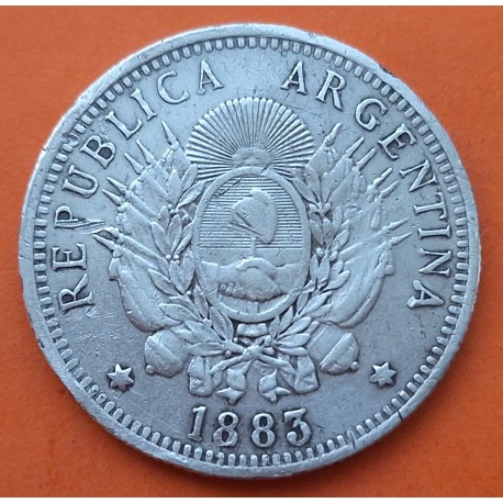 @RARA@ ARGENTINA 50 CENTAVOS 1883 DAMA y ESCUDO KM.28 MONEDA DE PLATA MBC + MUESCAS e IMPERFECCIONES