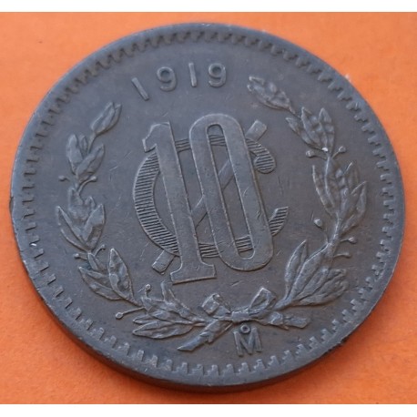 @LA MÁS RARA@ MEXICO 10 CENTAVOS 1919 AGUILA y SERPIENTE modulo Grande KM.430 MONEDA DE COBRE MBC República Mexicana