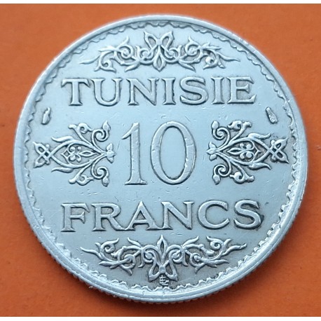 TUNEZ 10 FRANCOS 1935 Ahmad II ibn Alid 1º AÑO DE EMISIÓN PROTECTORADO FRANCES KM.262 MONEDA DE PLATA MBC Tunisia