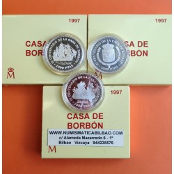 . 3 MONEDAS + ESTUCHES x España 2000 PESETAS 1997 CASA DE BORBON REY FELIPE V - LUIS I - FERNANDO VI PLATA 1ª SERIE