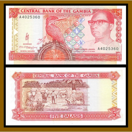 GAMBIA 5 DALASIS 1991 SIR DAWDA KAIRABA, PAJARO y REBAÑO DE VACAS Pick 12A BILLETE SC Africa UNC BANKNOTE