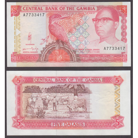 GAMBIA 5 DALASIS 1991 SIR DAWDA KAIRABA, PAJARO y REBAÑO DE VACAS Pick 12B BILLETE SC Africa UNC BANKNOTE