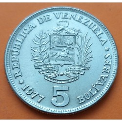 @ACUÑADA EN ESPAÑA POR LA FNMT@ VENEZUELA 5 BOLIVARES 1977 SIMON BOLIVAR KM.53 MONEDA DE NICKEL SC-