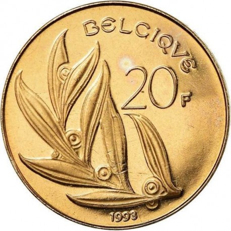 BELGICA 20 FRANCOS 1993 REY BALDUÍNO I KM.159 MONEDA DE LATÓN SC-