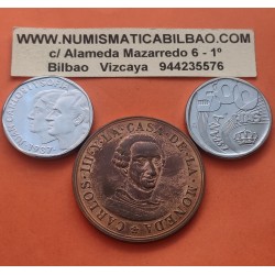 . 2 MONEDAS + 1 MEDALLA x España 500 PESETAS 1987 ACERO PRUEBAS FNMT BODAS DE PLATA + BICENTENARIO DE CARLOS III 1988 COBRE