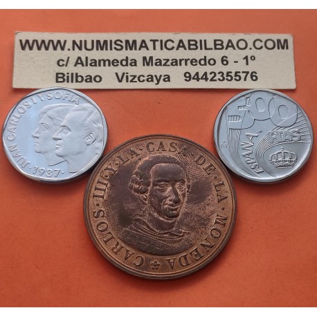 . 2 MONEDAS + 1 MEDALLA x España 500 PESETAS 1987 ACERO PRUEBAS FNMT BODAS DE PLATA + BICENTENARIO DE CARLOS III 1988 COBRE