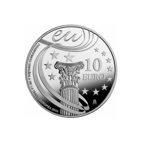 . 1 MONEDA + CÁPSULA x España 10 EUROS 2010 PRESIDENCIA DE LA UNION EUROPEA EU MONEDA DE PLATA PROOF NO ESTUCHE FNMT