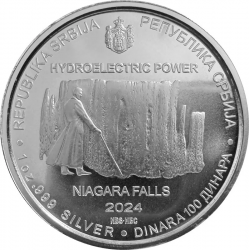 . 1 aaaacoin @13/NOV. Envío@ SERBIA 100 DINARA 2024 NIKOLA TESLA CATARATAS DEL NIÁGARA MONEDA DE PLATA Oz ONZA cápsula