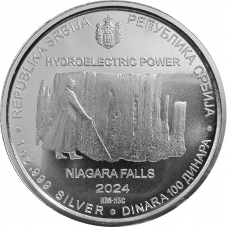 . 1 aaaacoin @13/NOV. Envío@ SERBIA 100 DINARA 2024 NIKOLA TESLA CATARATAS DEL NIÁGARA MONEDA DE PLATA Oz ONZA cápsula