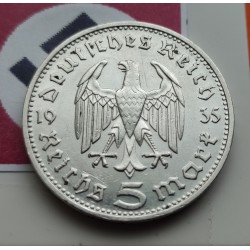 ALEMANIA 5 MARCOS 1935 D CANCILLER HINDENBURG AGUILA SIN ESVASTICA NAZI KM.86 MONEDA DE PLATA III REICH Germany 5 Reichsmark R/1