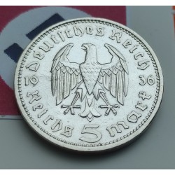 ALEMANIA 5 MARCOS 1936 A HINDENBURG y AGUILA SIN ESVASTICA NAZI KM.86 MONEDA DE PLATA @LIMPIADA@ III REICH 5 Reichsmark R/1