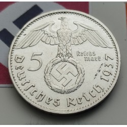 ALEMANIA 5 MARCOS ESVASTICA NAZI 1937 E PLATA III REICH EBC 1